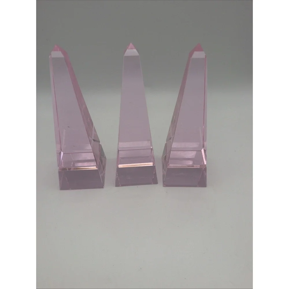 Set of 3 Pink Lucite Acrylic Obelisk Display Stands Art Deco Geometric 7